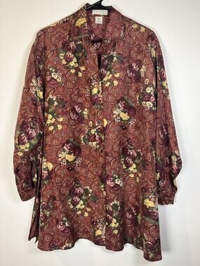 Vintage Express Compagnie Internationale 100% Silk Long Blouse Floral Paisley XL